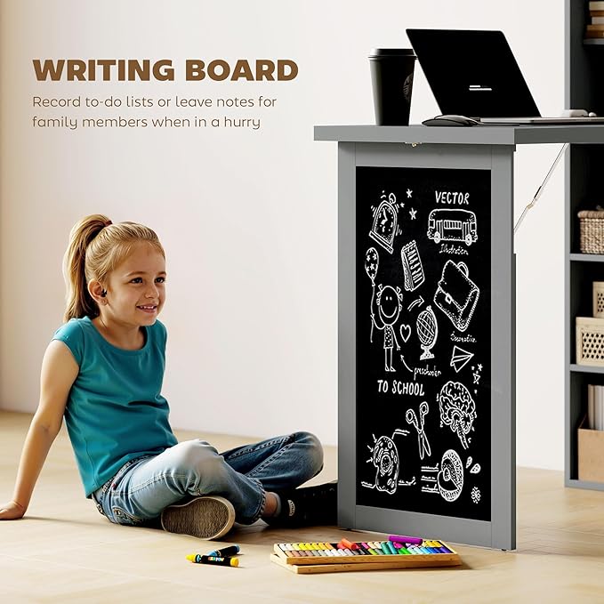 HOMCOM Fold-Out Convertible Writing Table, Wall Mount Desk Cabinet with Blackboard and Side Shelf Multi-Function Home Office Workstation, Charcoal Gray