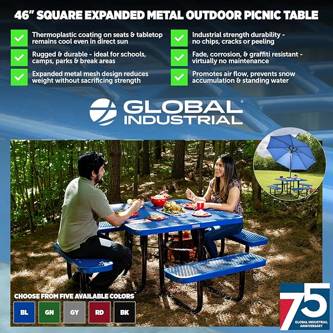 Global Industrial 46" Square Picnic Table, Expanded Metal, Green Thermoplastic Coating, Attached Benches, 1-1/2” Umbrella Pole Hole, Outdoor-Rated, 1000 lb Capacity