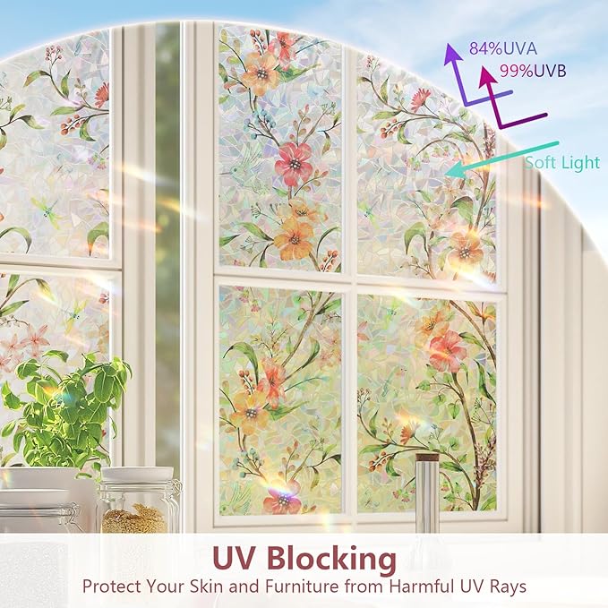NINETREX Window Privacy Film,Stained Glass Window Film,Rainbow Decorative Stickers Static Cling Anti UV Heat Control for Home Decor (Galsang Flower,23.6 x 157.4inch)