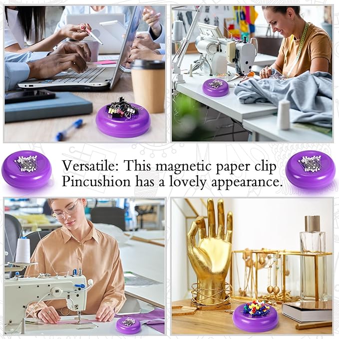 Waydress 2 Pieces Magnetic Pin Holder Sewing Pincushion Round Paper Clip Holder Magnetic Cushion Sewing Pin Push Hairclip Storage Case Needle Cushion for Sewing DIY Project(Purple)