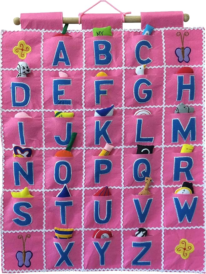 Pockets of Learning Pink ABC Felt Wall Hanging Chart - Early Education Alphabet Fabric Wall Décor for Children's Room | Engaging Educational Learning Art for Kids with Fabric Objects in Pocket