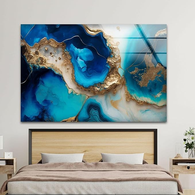 My Photostation.com 35.5Wx30H'' Blue Alcohol ink Glass Wall ArtTempered Glass Printing Wall Decor Large Wall Art Wall Hangings