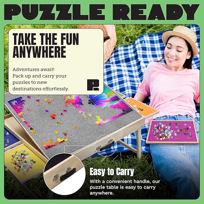 Puzzle Ready Puzzle Table with Drawers - 1500-Piece Wood, 27" x 36", Foldable & Portable - Jigsaw Puzzle Table & Organizer Design with 4 Color-Coded Trays, 3 Tilt Angles & Cover Mat