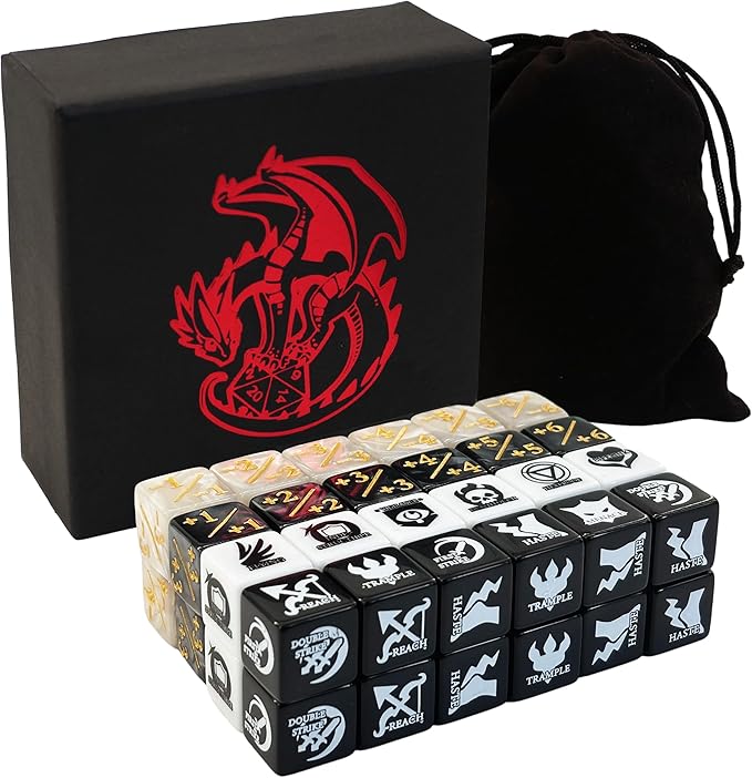 MTG dice Set with counters for Final Fantasy MTG - 50 dice Including keyword, +1 to +6, and -1 to -6 counters - Comes with Storage Box and Pouch (Pattern Version)