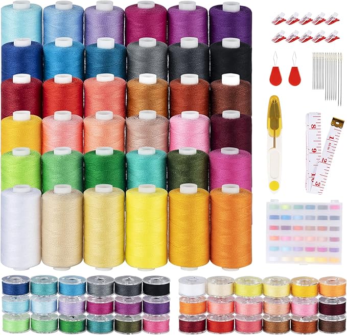 ilauke 72 Pcs Sewing Thread 700 Yards, 36 Colors Prewound Bobbins Thread for Sewing, Polyester Sewing Machine Threads for Brother Singer Janome with Sewing Supplies