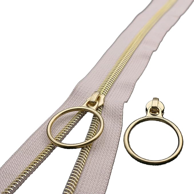 Leekayer #5 Gold Metallic Nylon Coil Zippers by The Yard Bulk 10 Yards Beige Zipper Tape with 25pcs Gold Ring Pull Sliders for DIY Sewing Tailor Craft Bag(Beige)