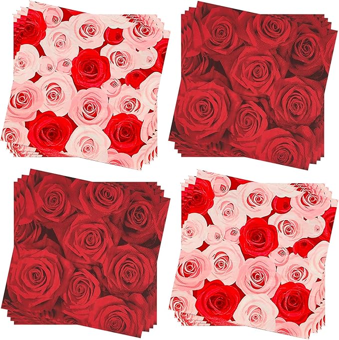 Paper Napkins 80 Pack 2 Ply Floral Beverage Luncheon Dinner Paper Napkins Rose Flower Print Disposable Napkins for Wedding Anniversary Celebrations, 6.5X6.5 Inches Folded