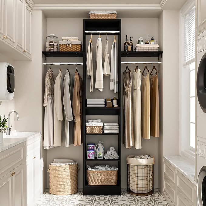 48" Small Closet Organizer, 4FT Small Closet System with 4 Closet Rods & 3 Shelves, 80"H Small Closet Organizers and Storage for Small Bedooms, Cloakrooms, Laundry Rooms, Black