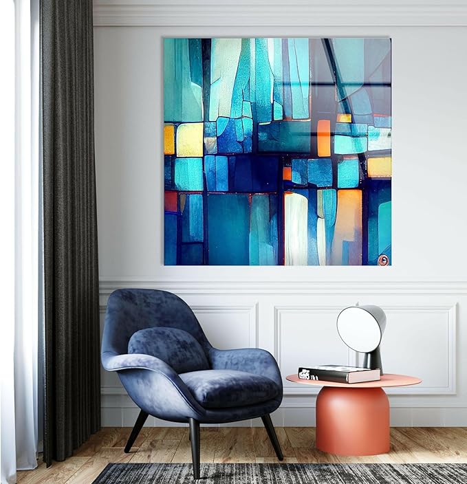 My Photostation.com 60WX40H'' Blue Vibrant Stained Glass Wall ArtTempered Glass Printing Wall Decor Large Wall Art Wall Hangings