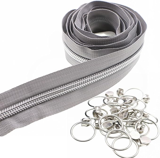 Leekayer #5 Silver Metallic Nylon Coil Zippers by The Yard Bulk 10 Yards Gray Zipper Tape with 25pcs Silver Ring Pull Zipper Sliders for DIY Sewing Tailor Craft Bag(Gray)