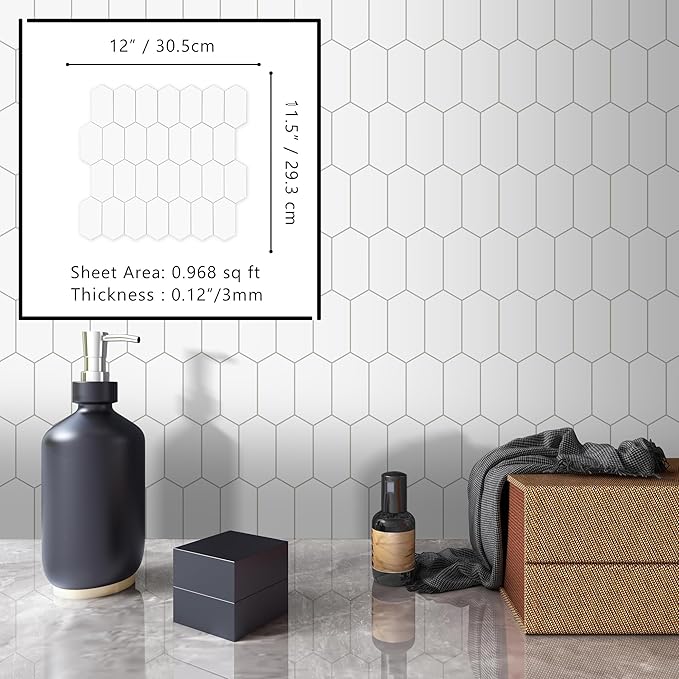 The Tiles Plaza 10-Sheet Peel and Stick Backsplash, White Long Hexagon Self Adhesive Wall Tile, Stone Composite Stick On Decorative Mosaic Tile for Kitchen Bathroom Fireplace