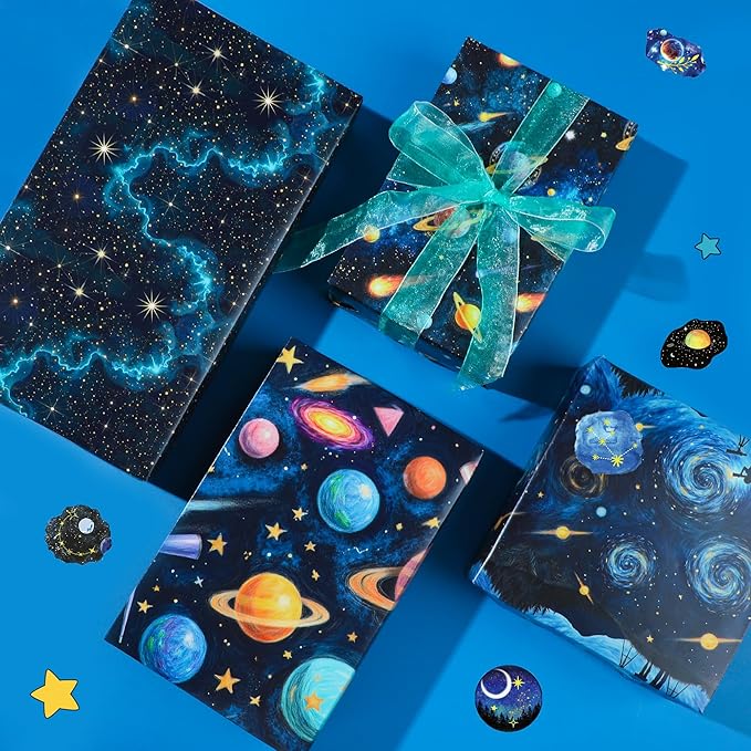Pineraap 12 Sheets Galaxy Telescope Wrapping Paper, Starry Sky Gift Wrap Folded Flat Blue Space Craft Paper for Astronomy Lovers Birthday Party Baby Shower Present Packing, 19.7 x 27.6 Inch