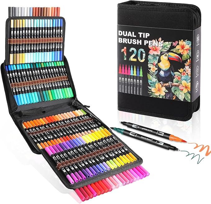 Dual Tip Markers, Double Brush Art Markers Set with Fine Tip and Brush Tip for Adult Coloring Book, Hand Lettering, Calligraphy & Drawing, Art Supplies Kit for Kids and Adults (120 Colors)