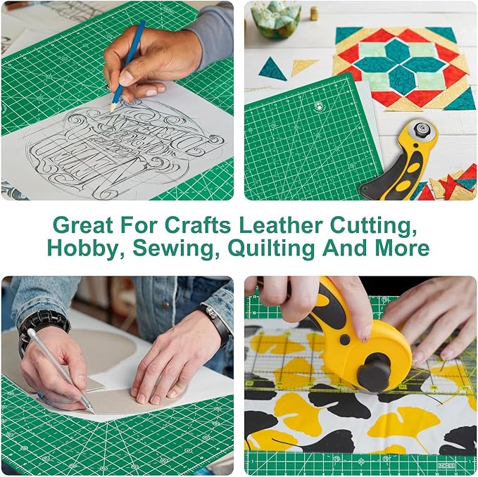 Headley Tools 17"x17" Rotating Cutting Mat, Self Healing Mat with 360-Degree Rotation & Anti-Slip Base, Sewing Board Cutting Mat Perfect for Fabric Quilting Leather Hobby Project, Green