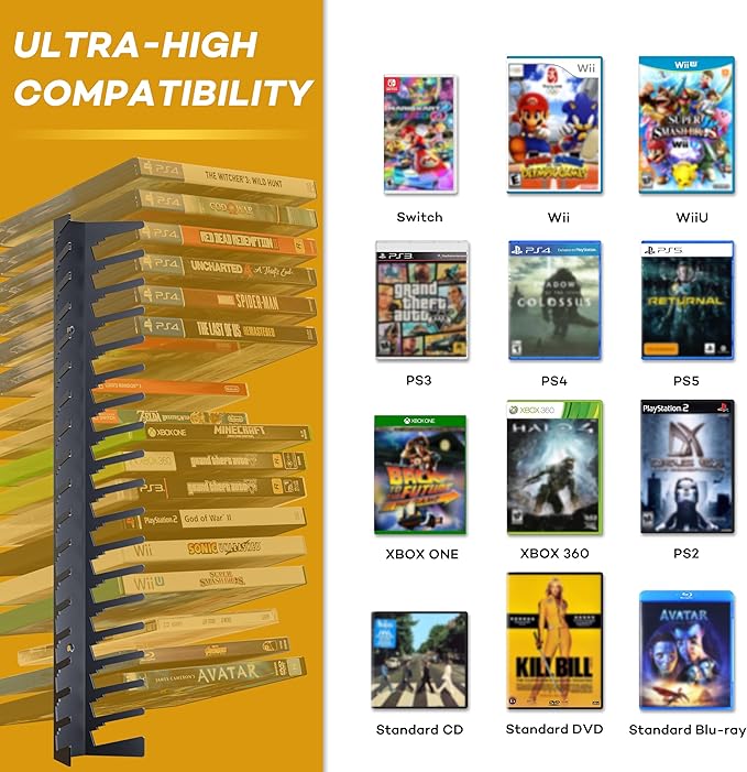 Funturbo Video Game Storage Wall Mount Game Case Holder, Metal Wall Mounted Media Storage Shelves for PS, Xbox, Switch Game Organizer (8-Pack)