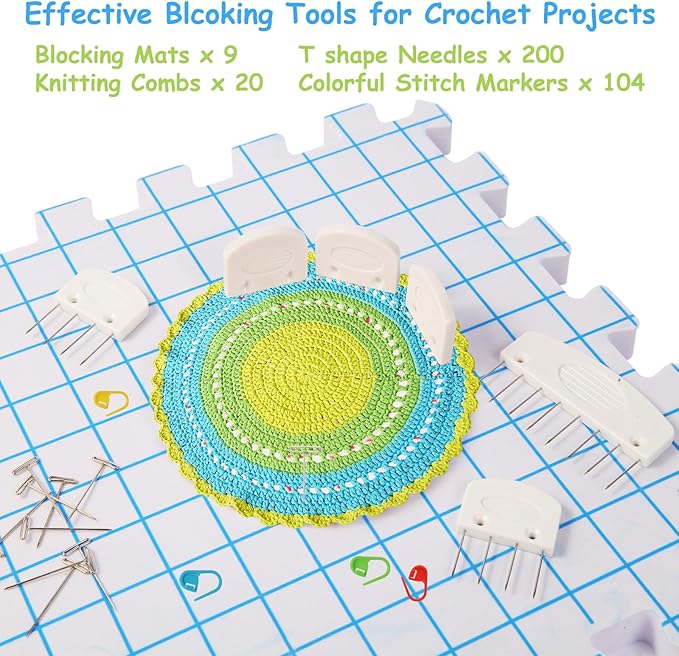 MEVOME Blocking Mats for Knitting with 20pcs Knitting Blockers 200 T-pins 104 Locking Stitch Markers, Extra Thick Block Boards with Grids Storage Bag for Needlepoint Crochet - Pack of 9 (White)