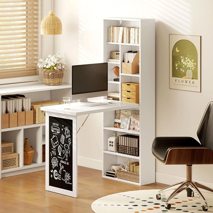 HOMCOM Fold-Out Convertible Writing Table, Wall Mount Desk Cabinet with Blackboard and Side Shelf Multi-Function Home Office Workstation, White