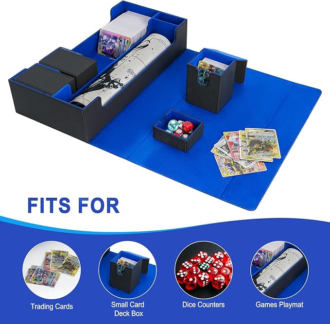 Card Deck Box,X-Large Premium Trading Card Storage Case with Mat and Dice Compartment,Magnetic Game Deck Display Case Compatible with MTG/TCG/Yugioh/Magic/Commander(Black＆Blue)