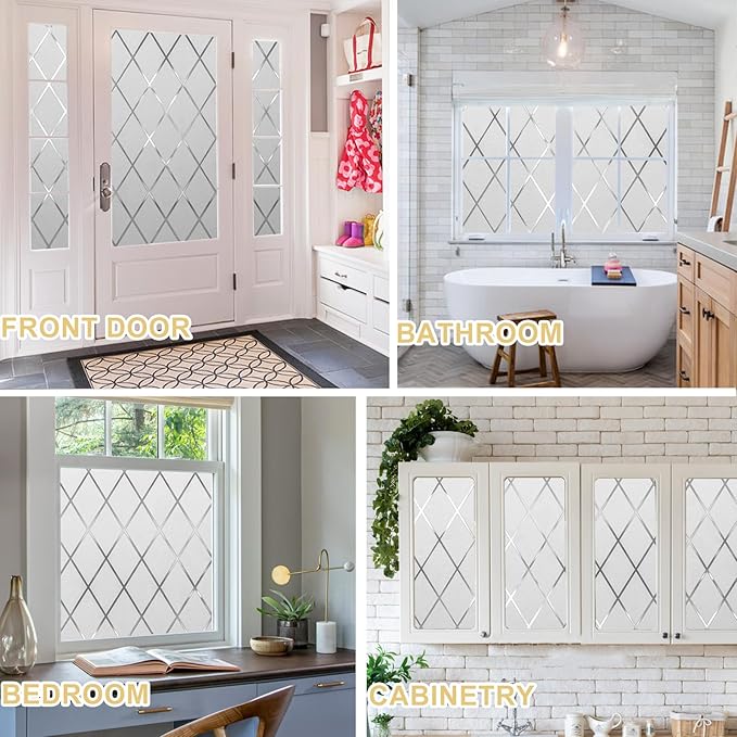 Window Privacy Film Decorative for Front Door, Bathroom Static Cling Stained Glass Sticker Opaque Heat Control UV Blocking Non-Adhesive for Home,Grid 23.6 x 78.7 inches