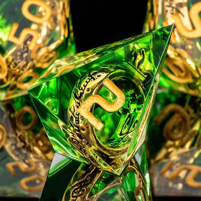 OUKELANWO Magic Lord Rings DND Dice Set with Box, 7Pcs Resin LOTR D&D Dice Set for Role Playing Game, Green Gold Dungeons Dragons D and D Sharp Edge Dice D20 D12 D10 D8 D6 D4