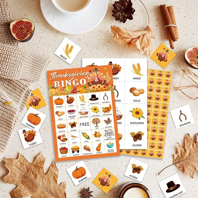 Thanksgiving Bingo Game Cards, Autumn Party Games, 24 Players Thanksgiving Bingo Games for Teens Adults, Thanksgivings Game Supplies for Family Classroom