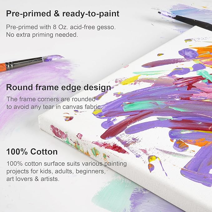 PHOENIX Stretched Canvas for Painting 8x8 Inch/7 Value Pack, 8 Oz Triple Primed 5/8 Inch Profile 100% Cotton White Blank Canvas, Square Framed Canvas for Oil Acrylic & Pouring Art
