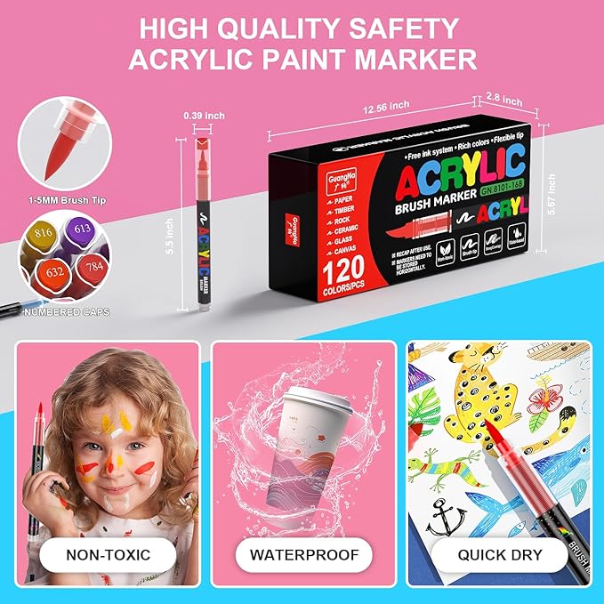 DICEKOO 120 Colors Acrylic Paint Markers, Soft Brush Tip Pens with Automatic Ink Control System, Waterproof, Quick-Drying, Lightfast, for Rock Painting, Canvas, Wood, Egg & DIY Crafts Art Supplies