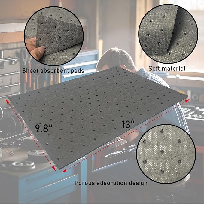 Oil Absorbent Pads | 13"x9.8" Garage Mats | Drip & Spill Universal Pads for Automotive - Absorbing Oil, Liquids, Antifreeze, Brake Fluid, Grease, Coolant | Concrete & Metal Protection,100-Pack