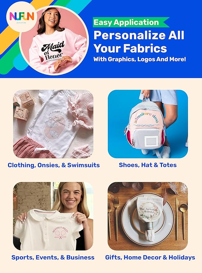 NuFun Activities Ink Jet Printable Iron-on Heat Transfer Paper for T Shirts, Light Fabrics, 10 Sheets 8.5 x 11 inch, Long Lasting, Durable, Professional Quality, Easy DIY, Non-Toxic, Made in The USA