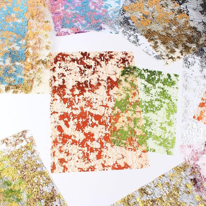 A5 & A4 Size Colorful Foil Textured Fabric Art Paper Scrapbooking Decorative, 20 Sheets Sparkle Metallic Lace Mesh for Crafts, Junk Journaling Supplies, Card Making, Collage