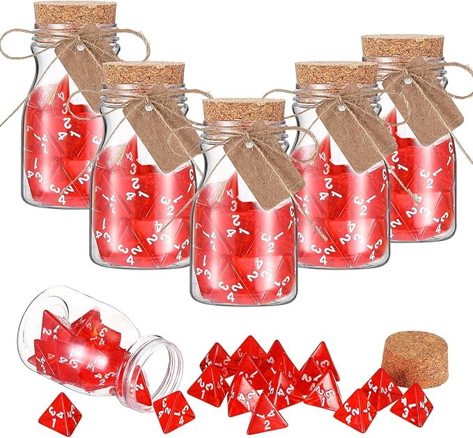 Wettarn 120 Pcs Transparent Red D4 Dice6 Pcs Pot Bottles Plastic Favor Jars with Cork Lids Healing Potion Bottles Polyhedral Dice Set for Party Favors Table Games(Novel Style)