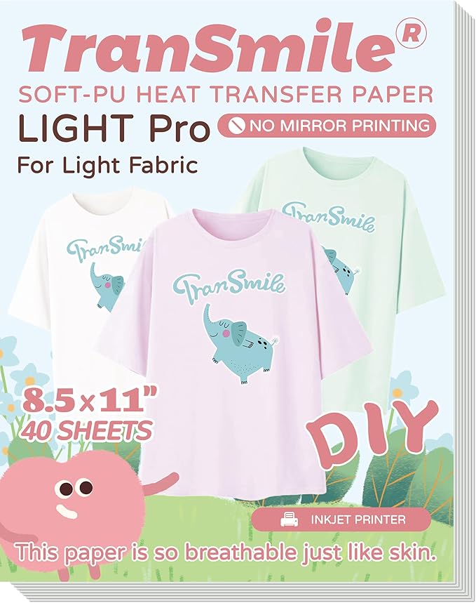 TranSmile PU-Heat Transfer Paper for T Shirts (40 Sheets, 8.5x11'', Light), Iron on Transfers for Light Fabric, Printable Heat Transfer Vinyl for Inkjet Printer