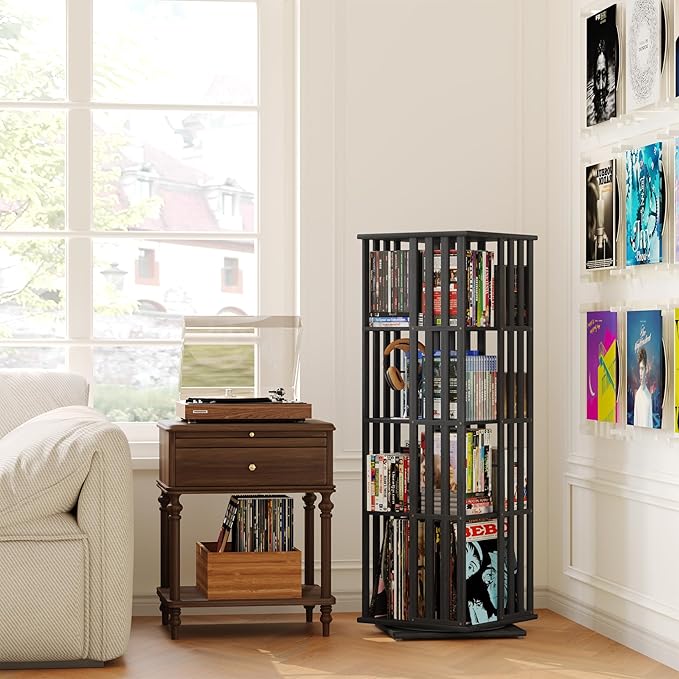 XIMN 360° Rotating Bamboo CD/DVD Shelf - 6-Tier Space-Saving Media Storage Cabinet for Movies, Organizer with Super Compact Design (Black, 4 Tier)