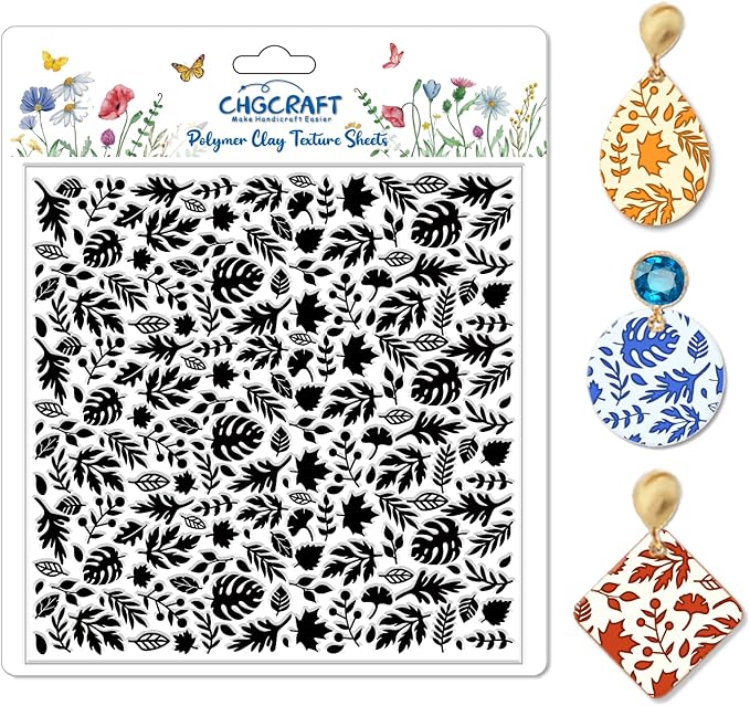 CHGCRAFT Autumn Leaves Pattern Polymer Clay Texture Sheet Plants and Maple Leaves Silicone Texture Mat for Polymer Clay Making Earrings Jewelry DIY Crafts 5.5 × 5.5 Inch