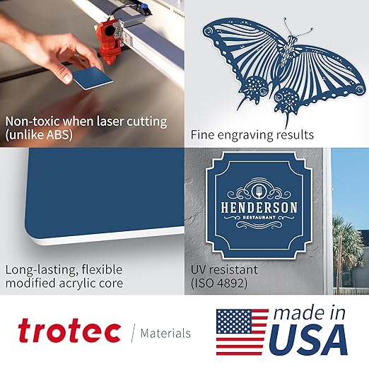 Trotec TroLase | 12"x20"x1/8", 4 Pcs | Blue/White | 2 Ply | Modified Acrylic | Laser Engraving Double Color Plastic Sheet | Engraving Blanks for Laser, Saw, Guillotine | Made in USA