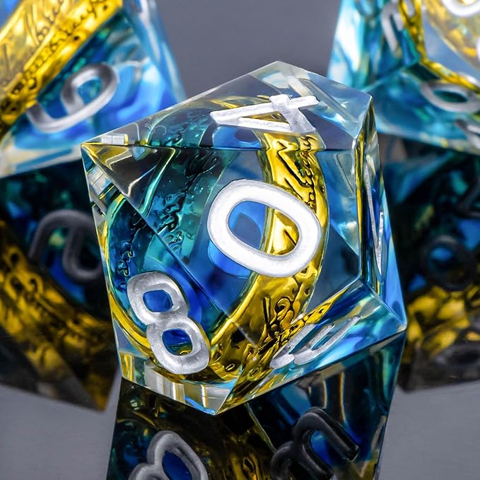 OUKELANWO Magic Lord Rings DND Dice Set with Box, 7Pcs Resin LOTR D&D Dice Set for Role Playing Game, Blue Dungeons Dragons D and D Sharp Edge Dice D20 D12 D10 D8 D6 D4