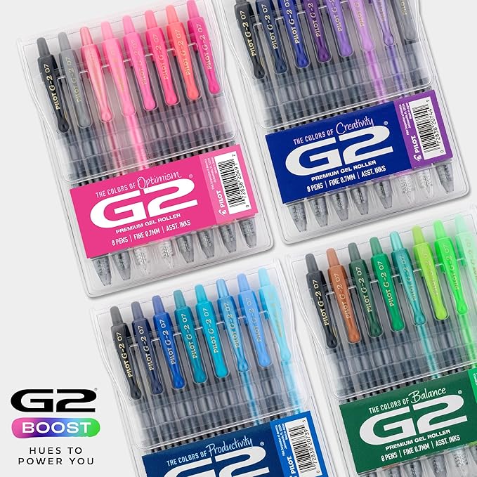 Pilot G2 Premium Gel Roller Pens, Fine Point Gel Pens, Boost Green Pack, The Colors of Balance, 8-Pack Pouch, 0.7 mm, Assorted - Ideal for School, Journaling, & Office Writing