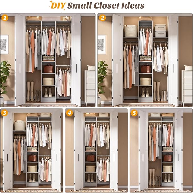 48" Small Closet Organizer, 4FT Small Closet System with 4 Closet Rods & 3 Shelves, 80"H Small Closet Organizers and Storage for Small Bedooms, Cloakrooms, Laundry Rooms, Gray
