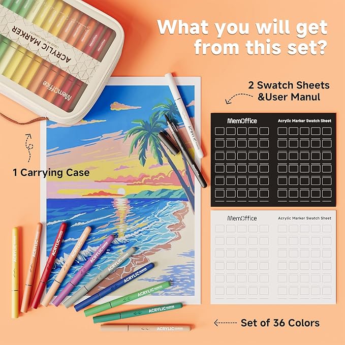 MemOffice Direct Liquid Acrylic Paint Markers, 36 Colors Brush Tip Pens with Carrying Case, No Bleed, Waterproof, for Rock, Wood, Canvas, Glass, Fabric, DIY Crafts for Adults & Kids