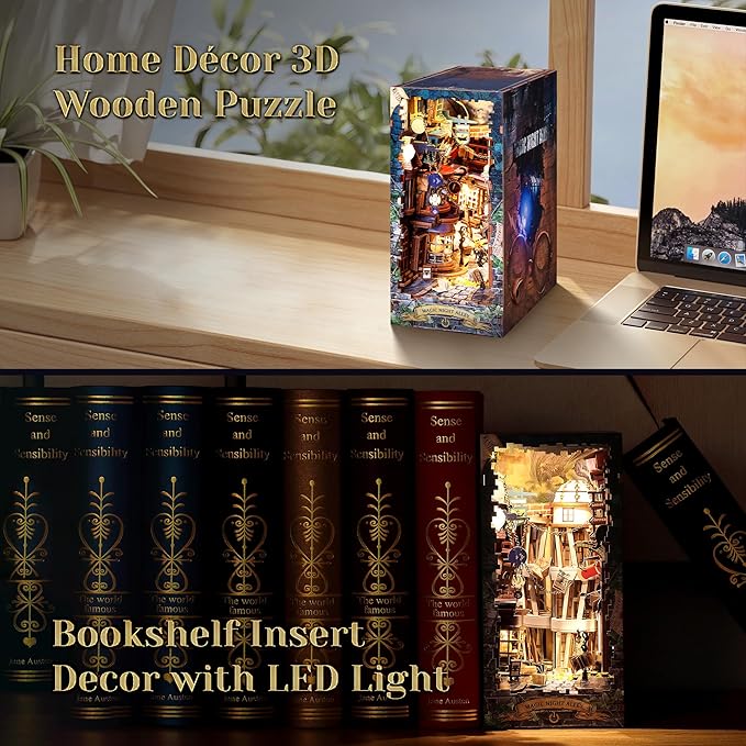 3D Wood Puzzle Book Nook Kit, DIY Magical Miniature Dollhouse with LED Light, Magic Night Alley Bookshelf Insert Bookend for Display, 3D Puzzle Craft Set for Adults(Magic Night Alley)