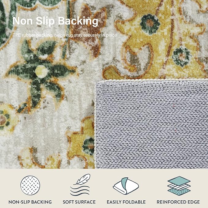 Lahome Bohemian 2x6 Washable Hallway Runner Rug, Kitchen Runner Rugs Non Skid Washable, Floral Medallion Soft Bathroom Carpet Runners for Laundry Room Bedroom Foyer Entryway, Yellow/Green/Multi