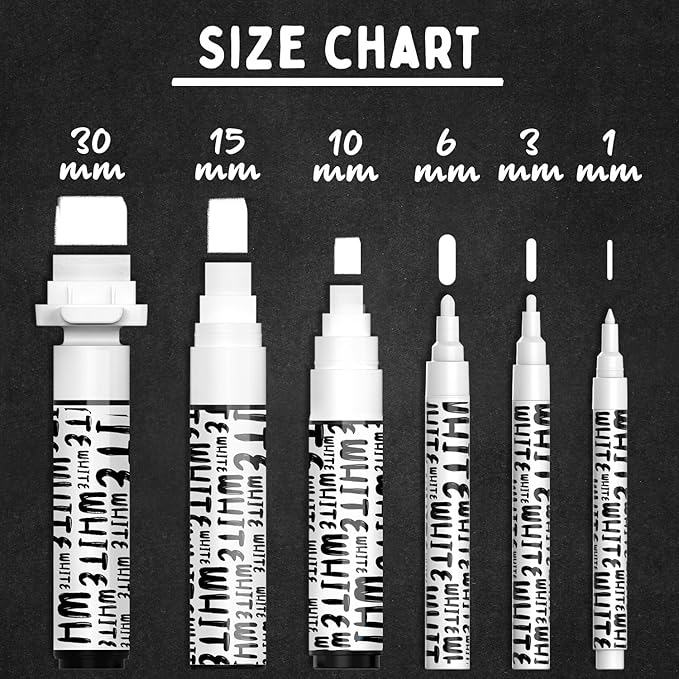 Chalkola 6 White Chalk Markers for Blackboard, Chalkboard Signs, Car Window, Bistro, Glass | Washable Fine Tip, Bold & Jumbo Size Dry Erase Liquid Chalk Pens Erasable (1mm, 3mm, 6mm, 10mm, 15mm, 30mm)