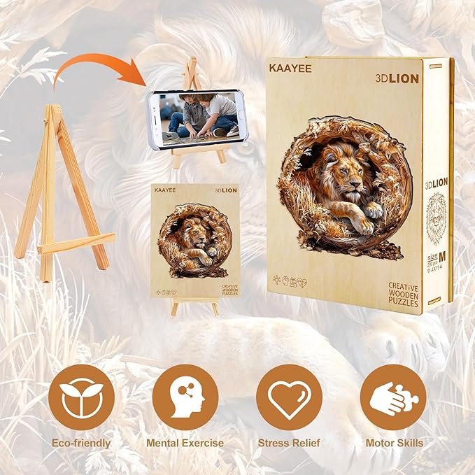 KAAYEE Wooden Puzzles for Adults, 3D Vision Effect Lion King Wooden Jigsaw Puzzles 300 PCS Unique Shape Advanced Wood Puzzle Adult, Fathers Birthday Family Game (L-13.4 * 13.4in)