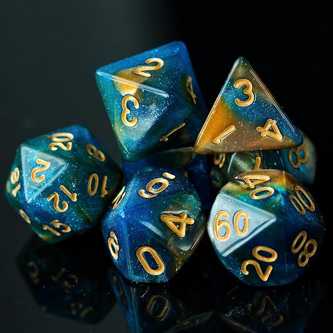 7-Die DND Dice Set Polyhedral Dice Set with a Leather Dice Bag, D&D Dice Set for Dungeons and Dragons, RPG Table Games (Blue Yellow/Glitter)
