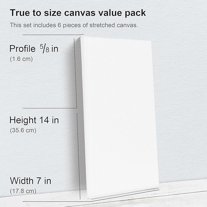 PHOENIX Long Stretched Canvas for Painting 7x14 Inch/6 Value Pack, 8 Oz Triple Primed, 5/8 Inch Profile, 100% Cotton White Blank Canvas, Rectangular Framed Canvas for Oil Acrylic & Pouring Art