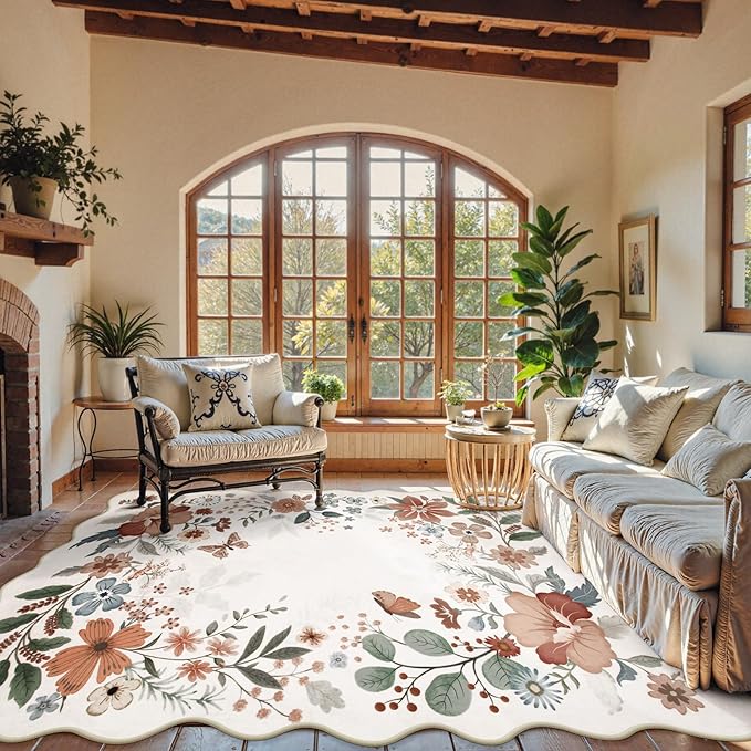 Beeiva Living Room Rugs 8x10 - Scalloped Floral Printed Soft Non Slip Washable Flower Rug for Bedroom Under Bed Boho Aesthetic Rugs Stain Resistant Large Carpet for Nursery Dorm(Beige,8x10ft)