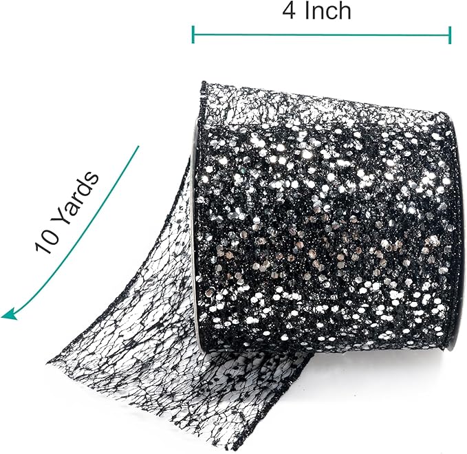 CT CRAFT LLC Sparkling Glitter Mesh Wired Ribbon 4" x 10 Yards Black for Christmas Home Decor Bow Gift Wrapping DIY Crafts Wreath