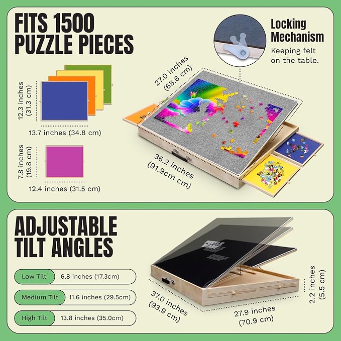 Puzzle Ready Wood Jigsaw Puzzle Board - 1500pc, 36x27in, 3 Angles - Color-Coded Trays & Drawers Organizer & Storage - Ergonomic Tilt Surface - Portable Puzzle Table with Drawers