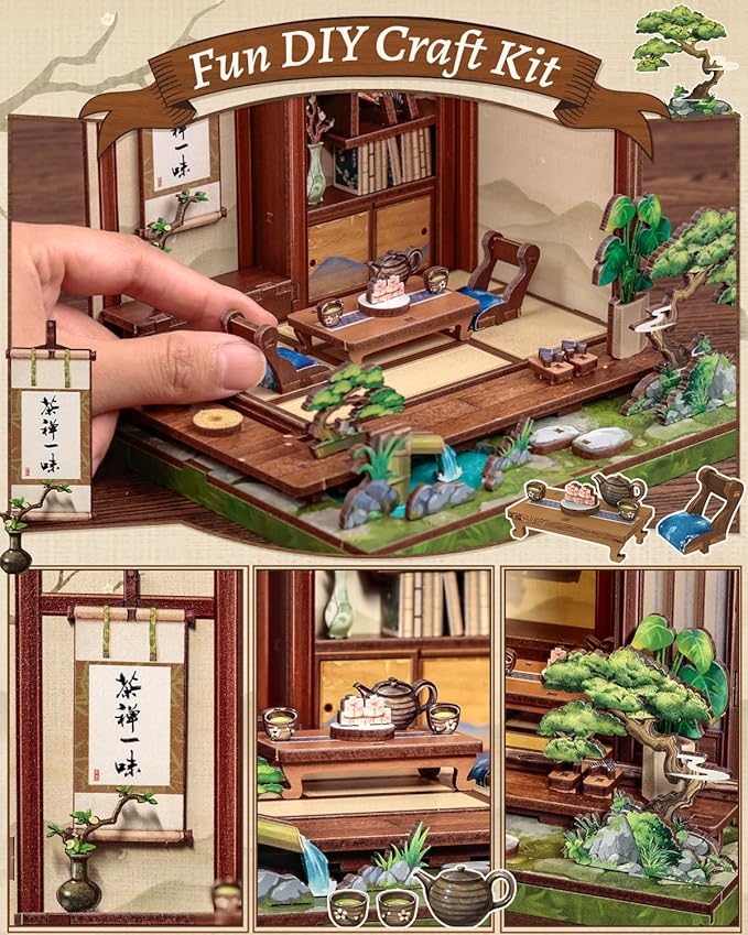 CUTEBEE Book Nook Kit - DIY Miniature House Japanese Tea House, Dollhouse Kit for Adults and Teens, Tiny House Bookshelf Decor 3D Wooden Puzzle, Gifts for Family, Friends（Kirishima Cha-an）
