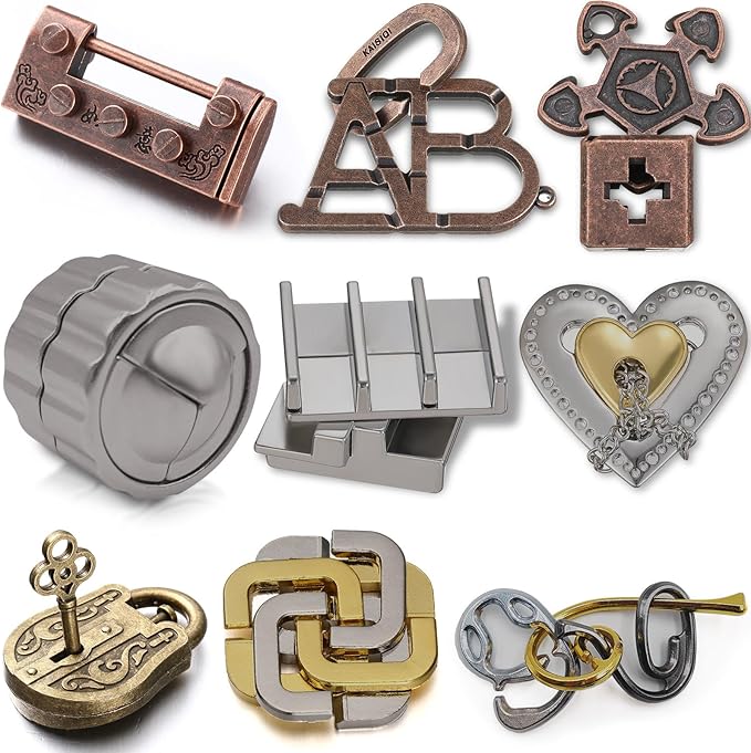 Wettarn 9 Pcs Metal Brain Teaser Puzzles Teaser 3D Steel Puzzle for Adults Unlock Interlocking Games IQ Education Smart Logic Test Toys for Adults Mind Challenge(Novelty Style)